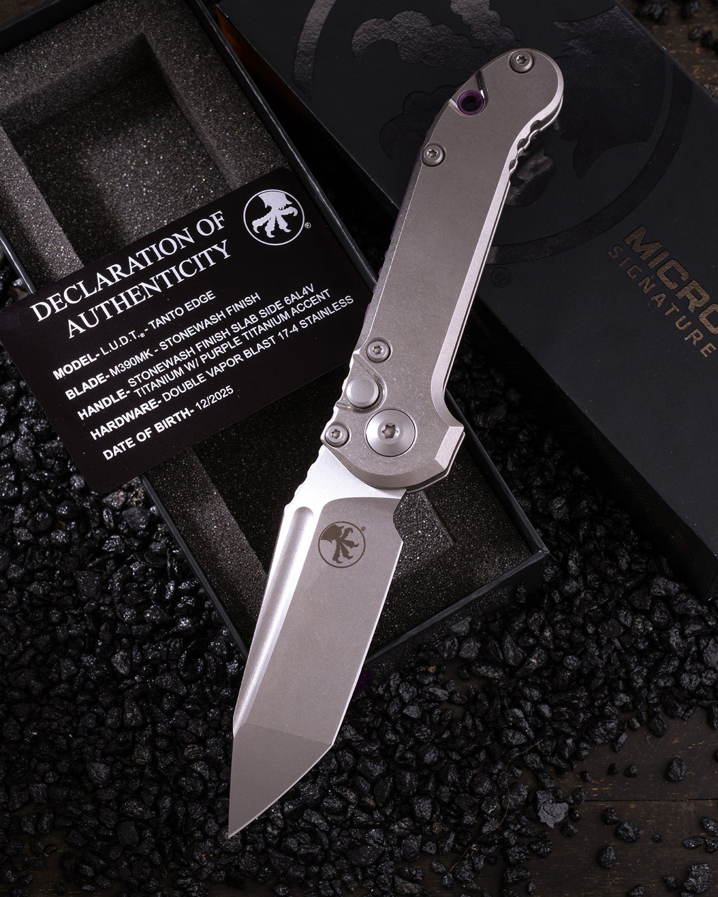 L.U.D.T TANTO EDGE
MARFIONE SELECT
STONEWASH FINISH STONEWASH FINISH SLAB SIDE TITANIUM W/ PURPLE TITANIUM ACCENT DOUBLE VAPOR BLAST STAINLESS